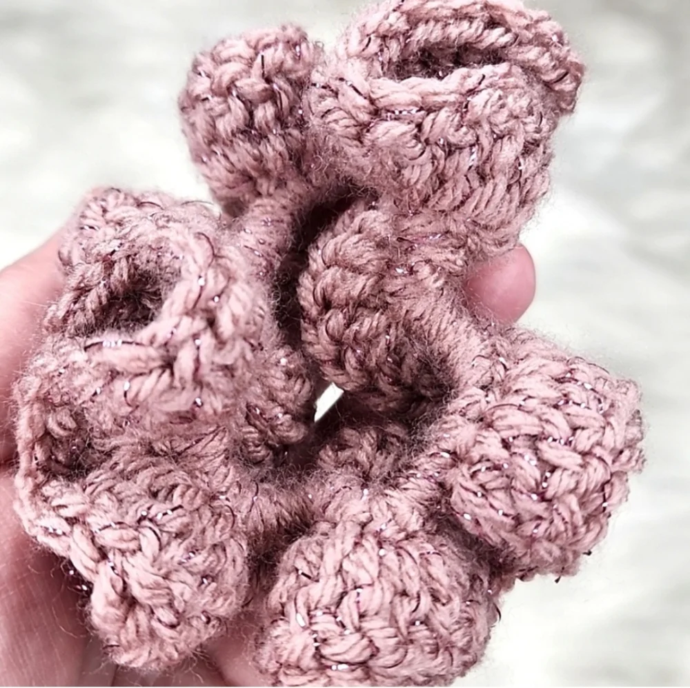 Handmade Textured Crocheted Scrunchies Ponytail Holder Hair Tie Set Of 2 - New